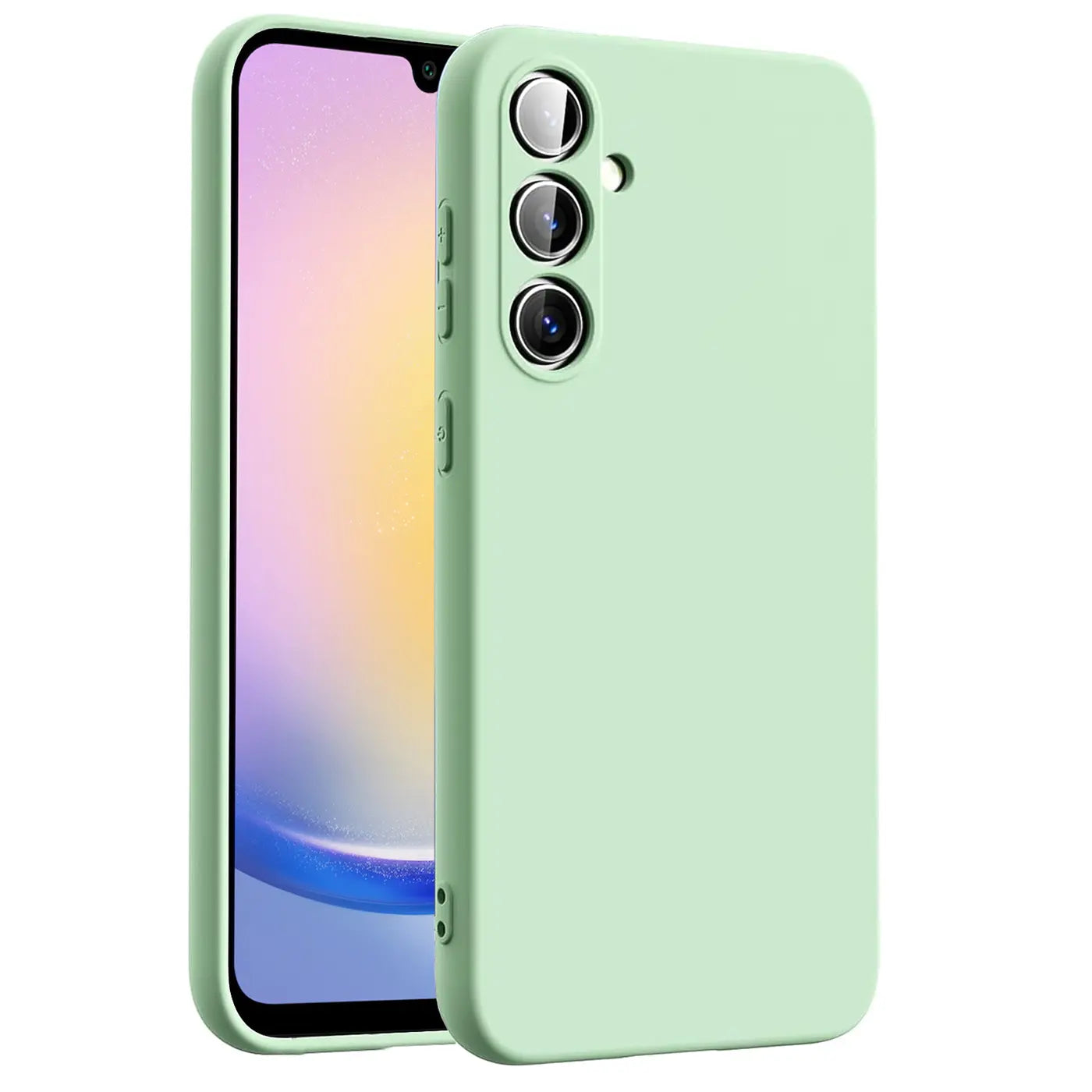 Hellgrüne Silikonhülle mit Mikrofaser-Innenfutter, seitliche Ansicht, zeigt Samsung Galaxy A25 5G.