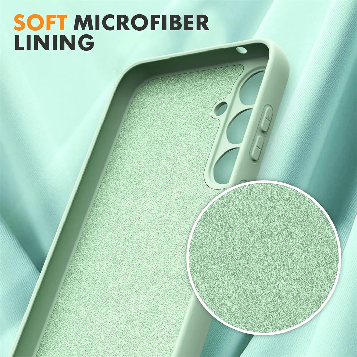 Grüne Silikonhülle mit Mikrofaser-Innenfutter, Rückansicht, Samsung Galaxy A25 5G.
