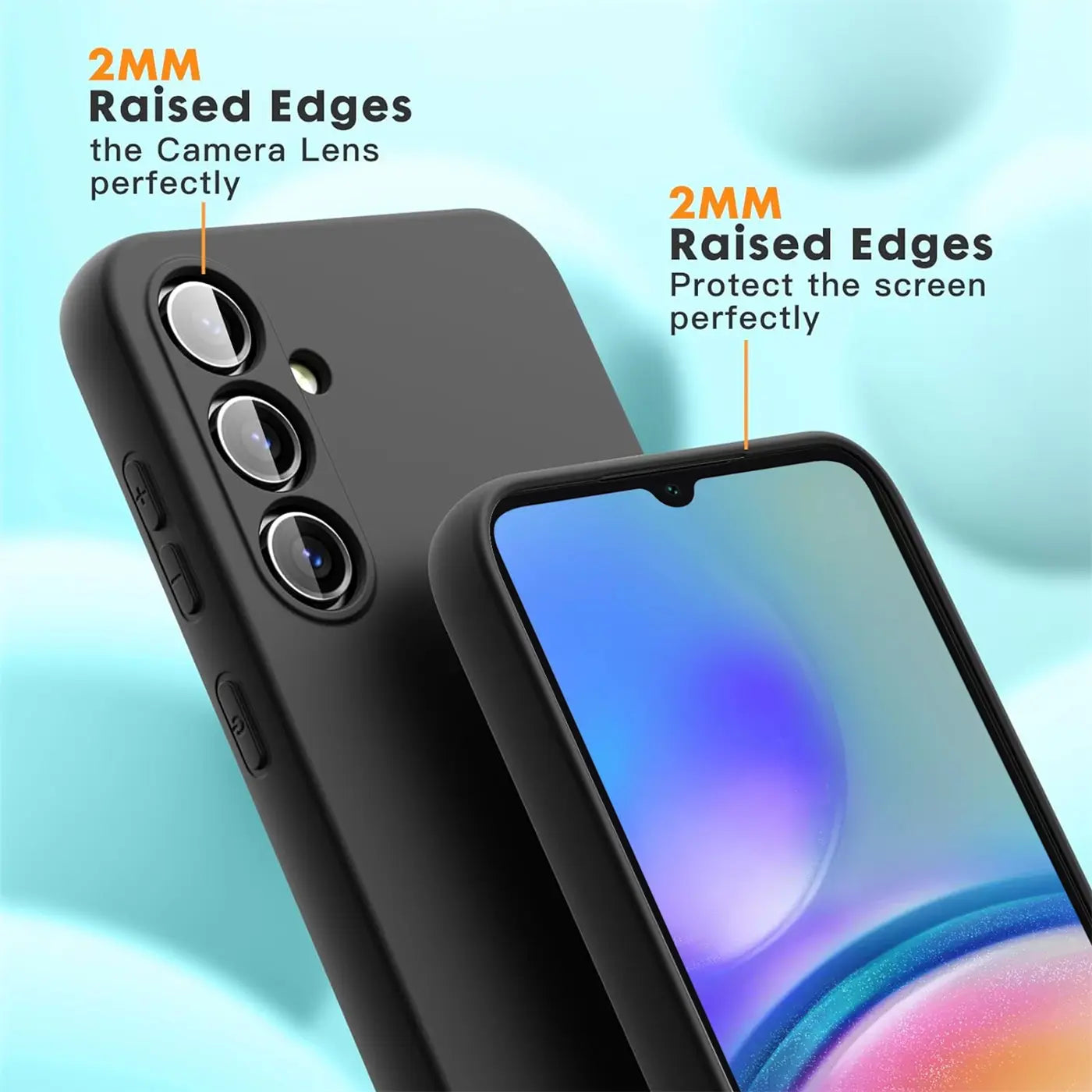 Schwarze Silikonhülle für Samsung Galaxy A25 5G, Nahaufnahme, Rückseite und Bildschirm.