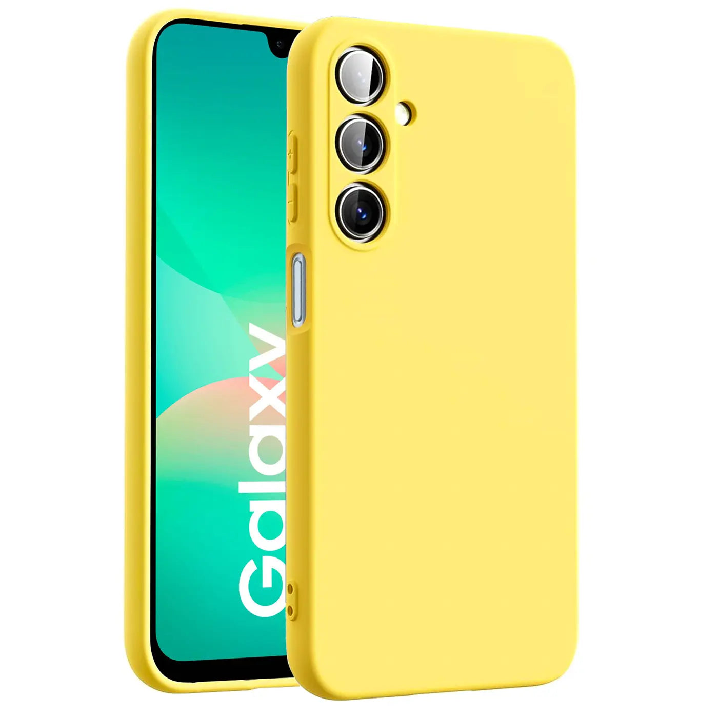 Gelbe Silikonhülle mit Mikrofaser-Innenfutter für Samsung Galaxy A26 5G, Rückansicht.