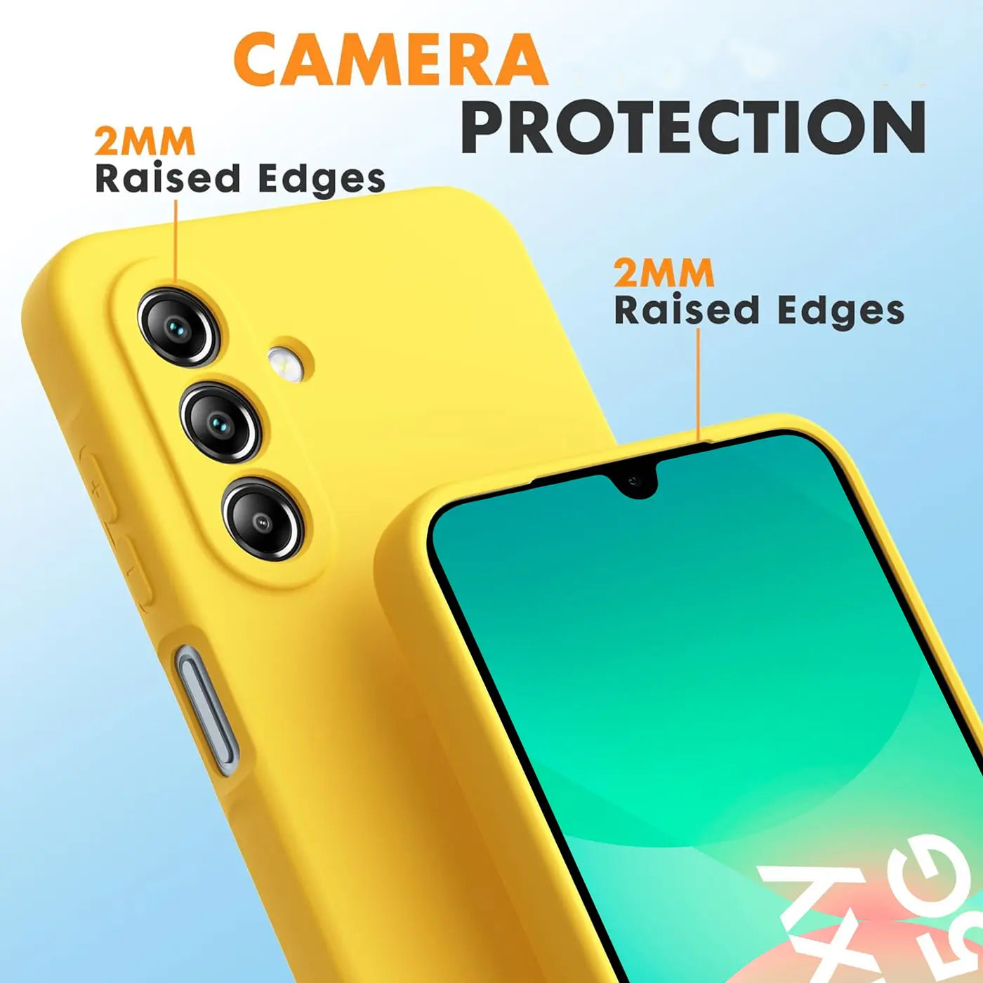 Gelbe Silikonhülle für Samsung Galaxy A26 5G, Nahaufnahme, Kameraschutz