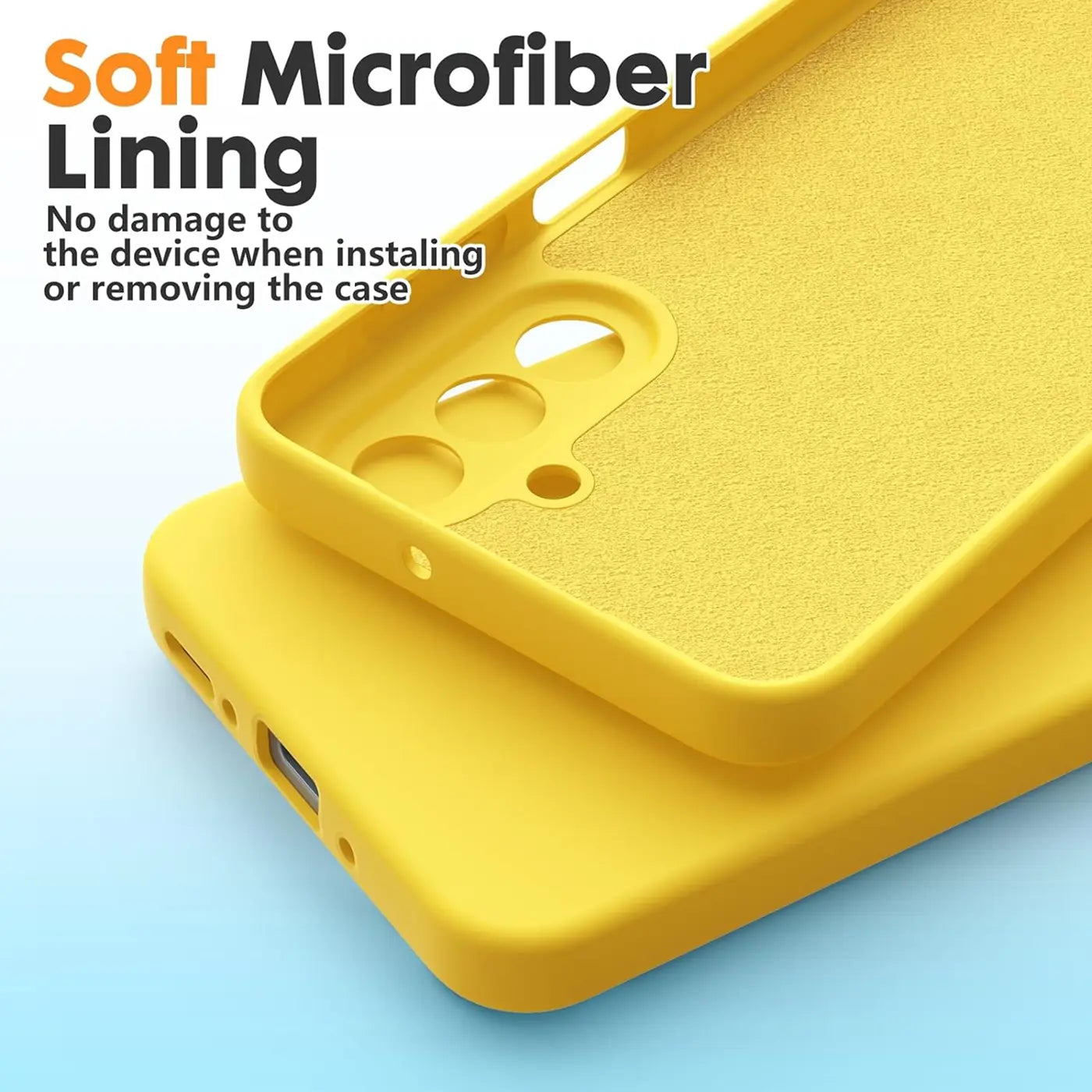 Gelbe Silikonhülle, Mikrofaser-Innenfutter, Nahaufnahme, Samsung Galaxy A26 5G.