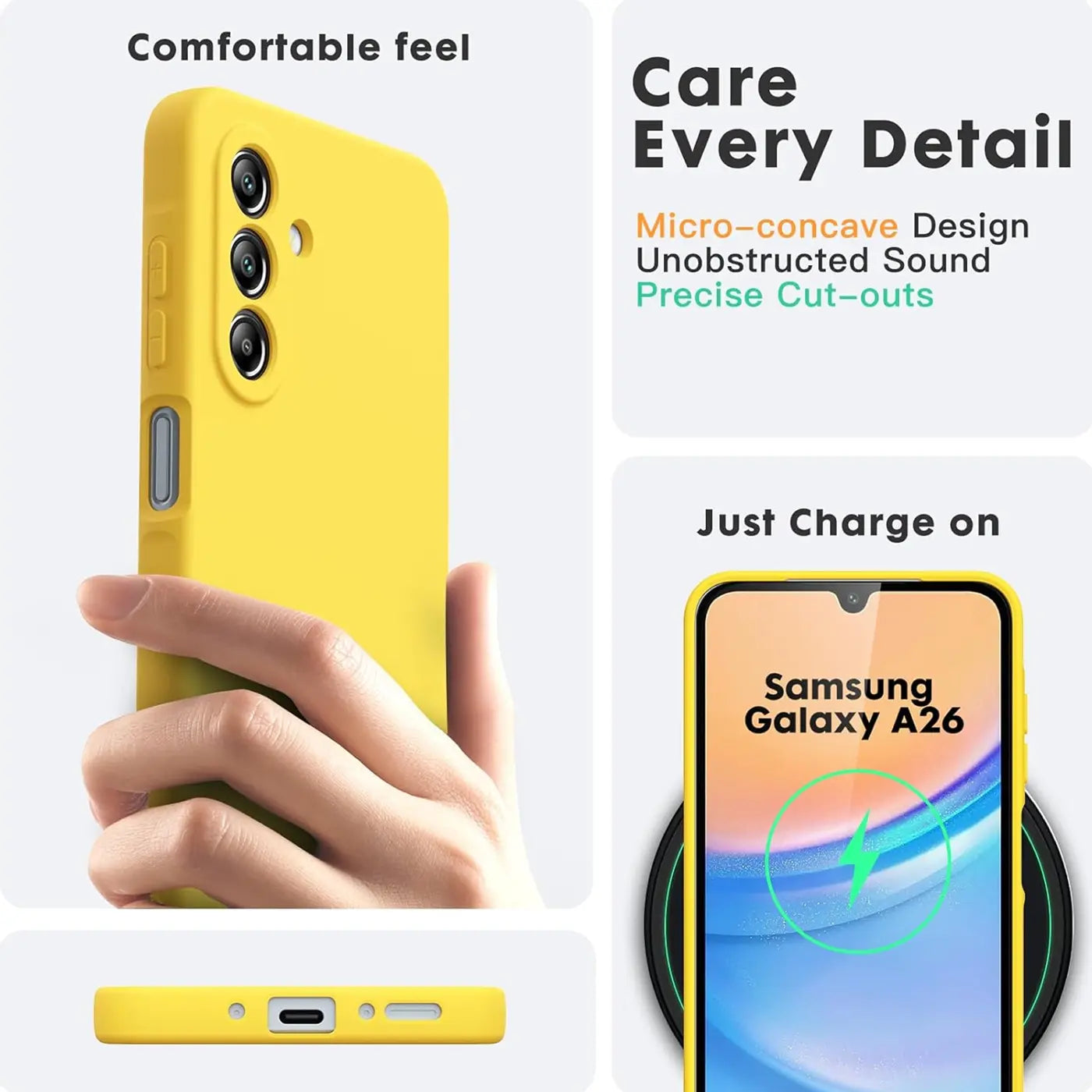 Gelbe Silikonhülle für Samsung Galaxy A26 5G, von vorne und unten gezeigt.