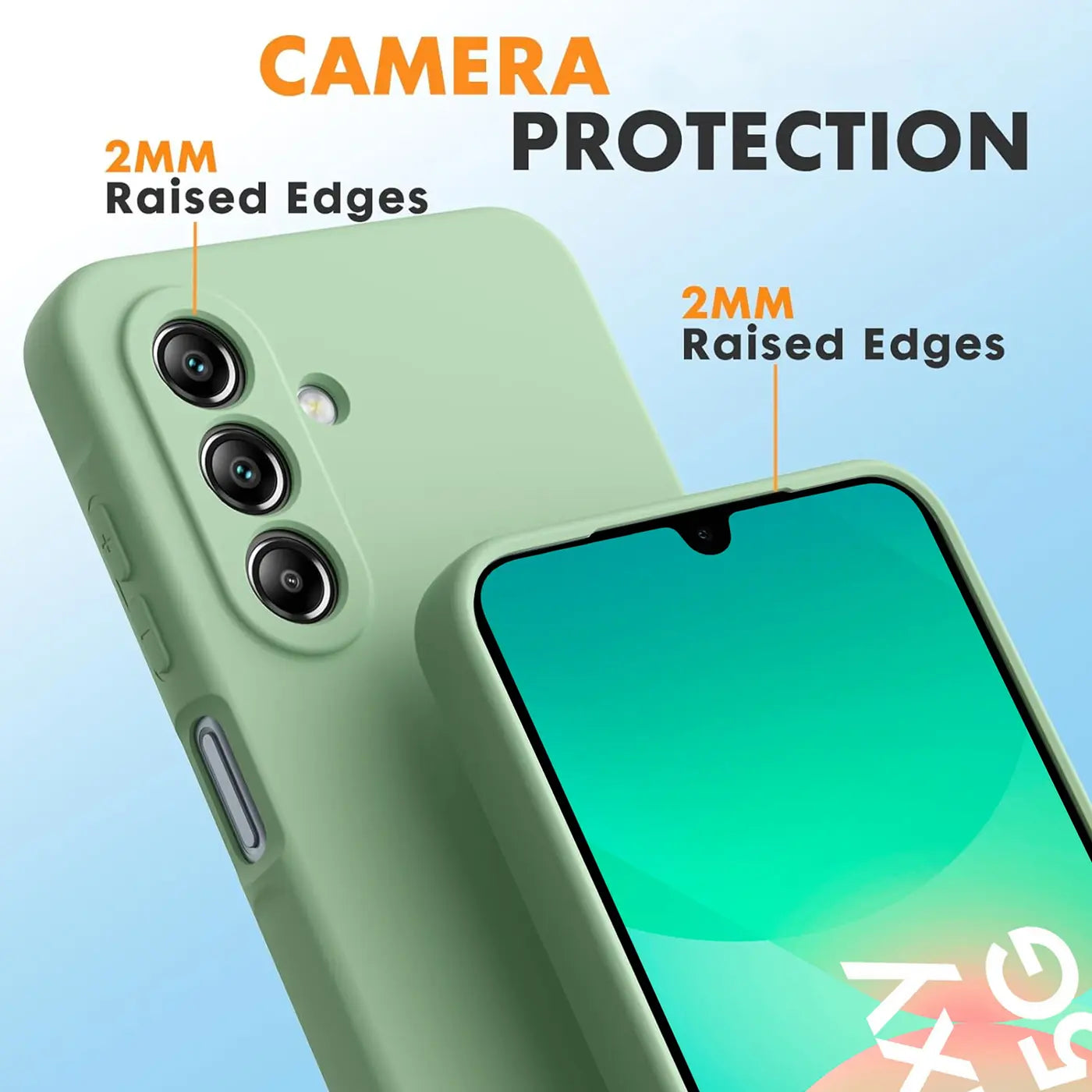 Grüne Silikonhülle für Samsung Galaxy A26 5G, Nahaufnahme, Rückseite und Vorderseite
