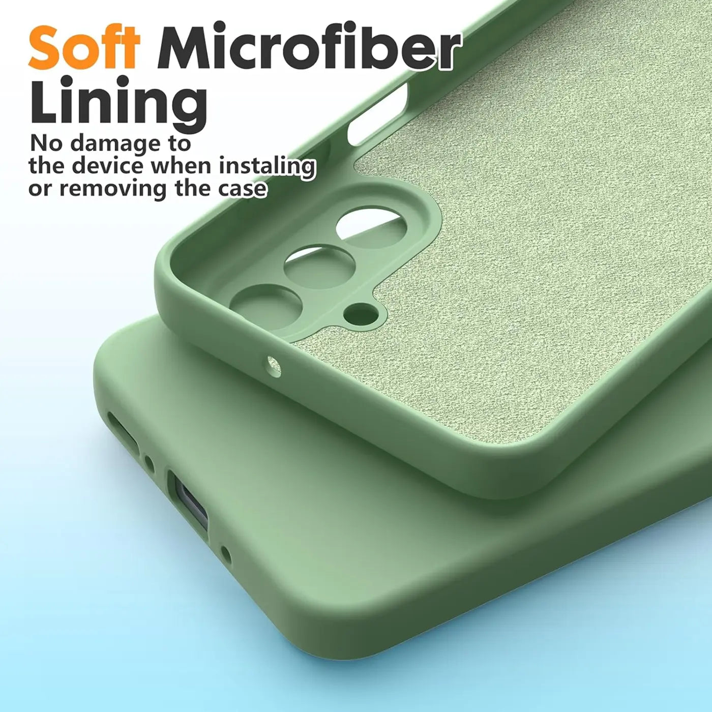Grüne Silikonhülle mit Mikrofaserfutter, Nahaufnahme, Samsung Galaxy A26 5G.