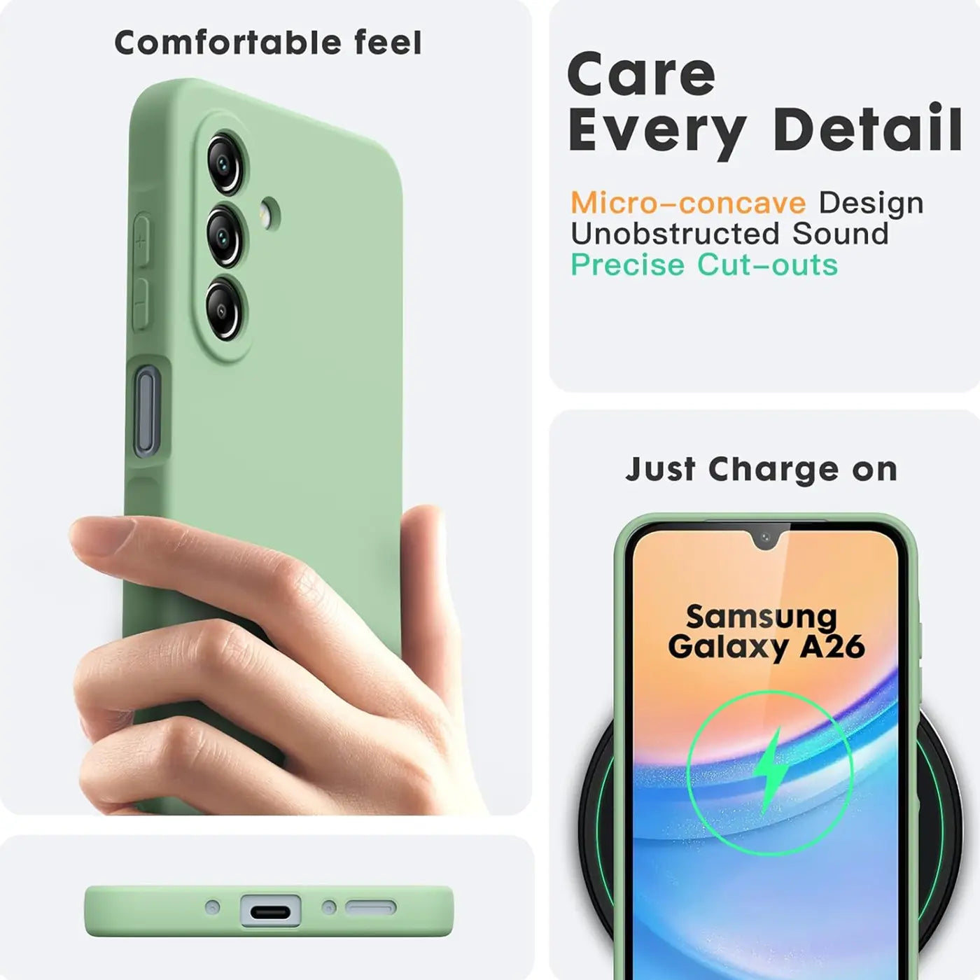 Grüne Silikonhülle, von vorne und unten gezeigt, für Samsung Galaxy A26 5G.