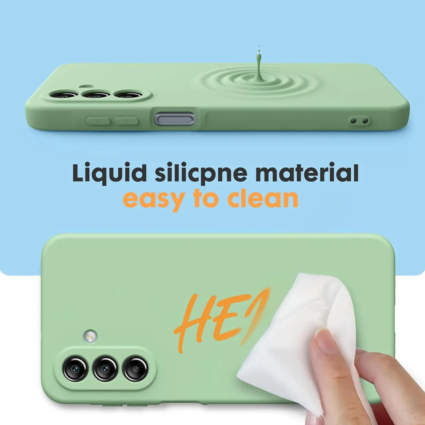 Grüne Silikonhülle für Samsung Galaxy A26 5G, von oben und hinten gezeigt, mit Wassertropfen-Effekt.