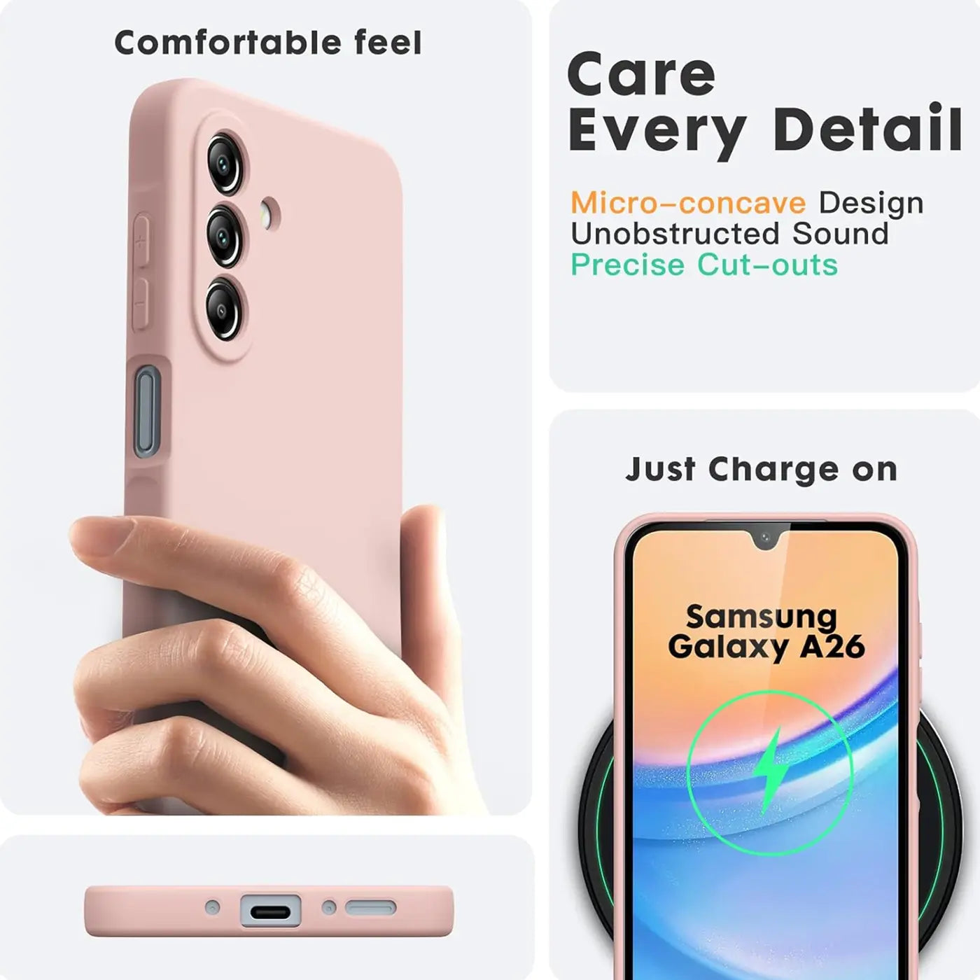 Rosa Silikonhülle für Samsung Galaxy A26, von vorne und Seite gezeigt.