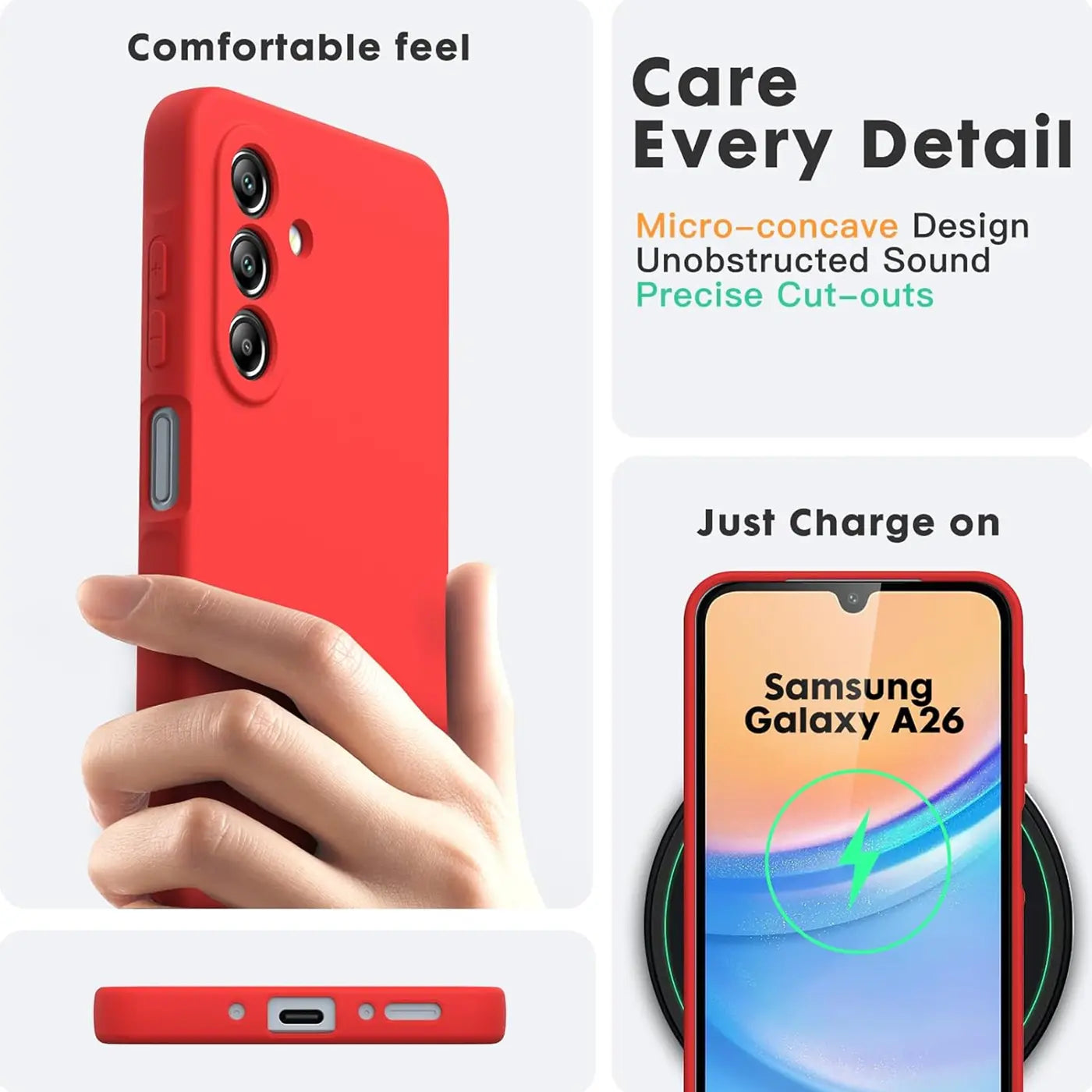 Rote Silikonhülle für Samsung Galaxy A26 5G, von vorne und unten gezeigt.