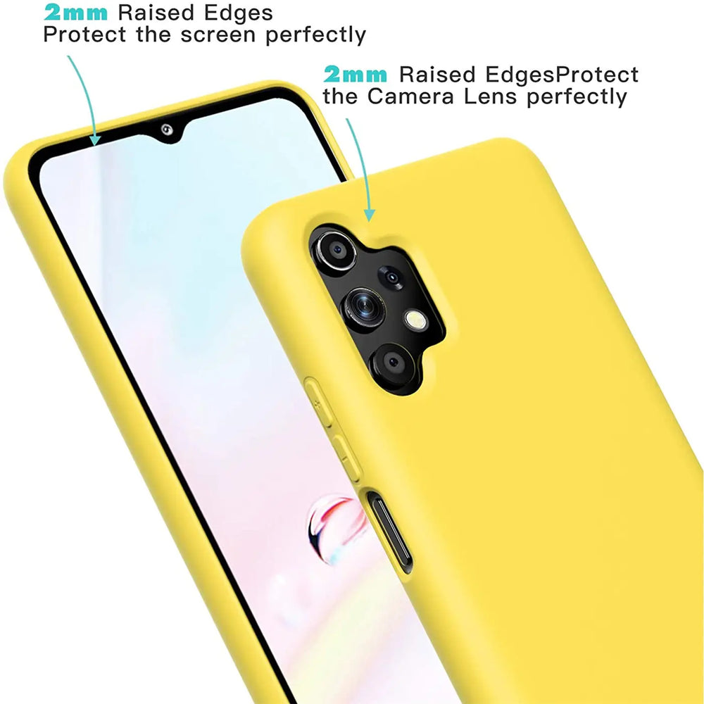 Gelbe Silikonhülle mit Mikrofaserfutter für Samsung Galaxy A32 5G, Nahaufnahme.