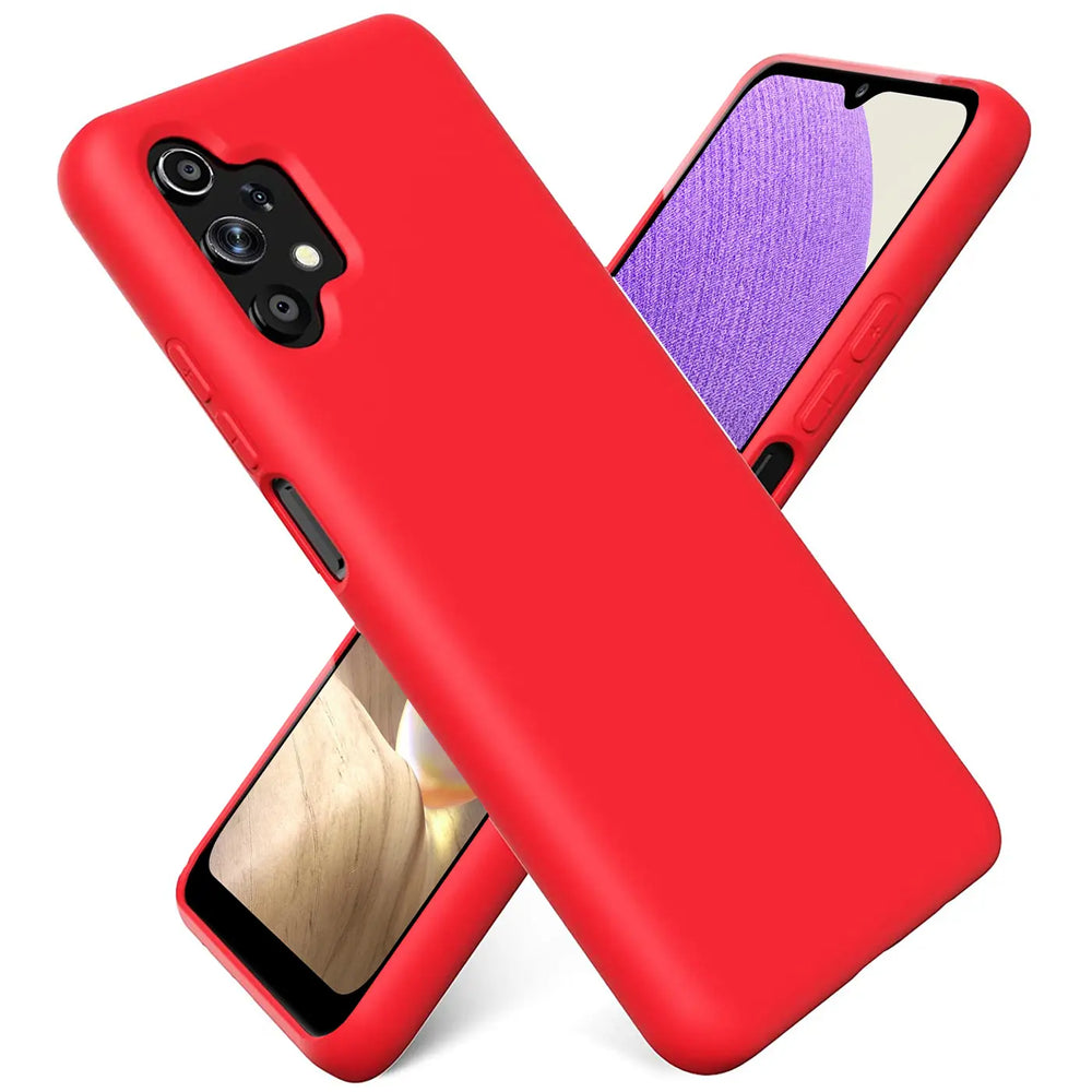 Rote Silikonhülle mit Mikrofaser-Innenfutter, Vorderansicht, Samsung Galaxy A32 5G.