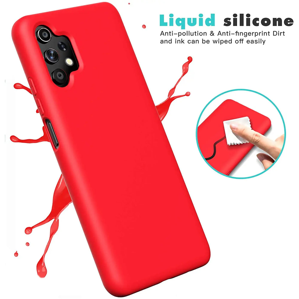 Rote Silikonhülle für Samsung Galaxy A32 5G, von vorne links, mit Spritzern.