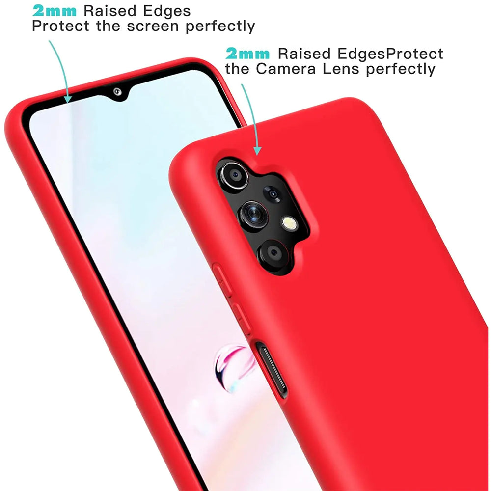Rote Silikonhülle für Samsung Galaxy A32 5G, Rückansicht, Nahaufnahme.