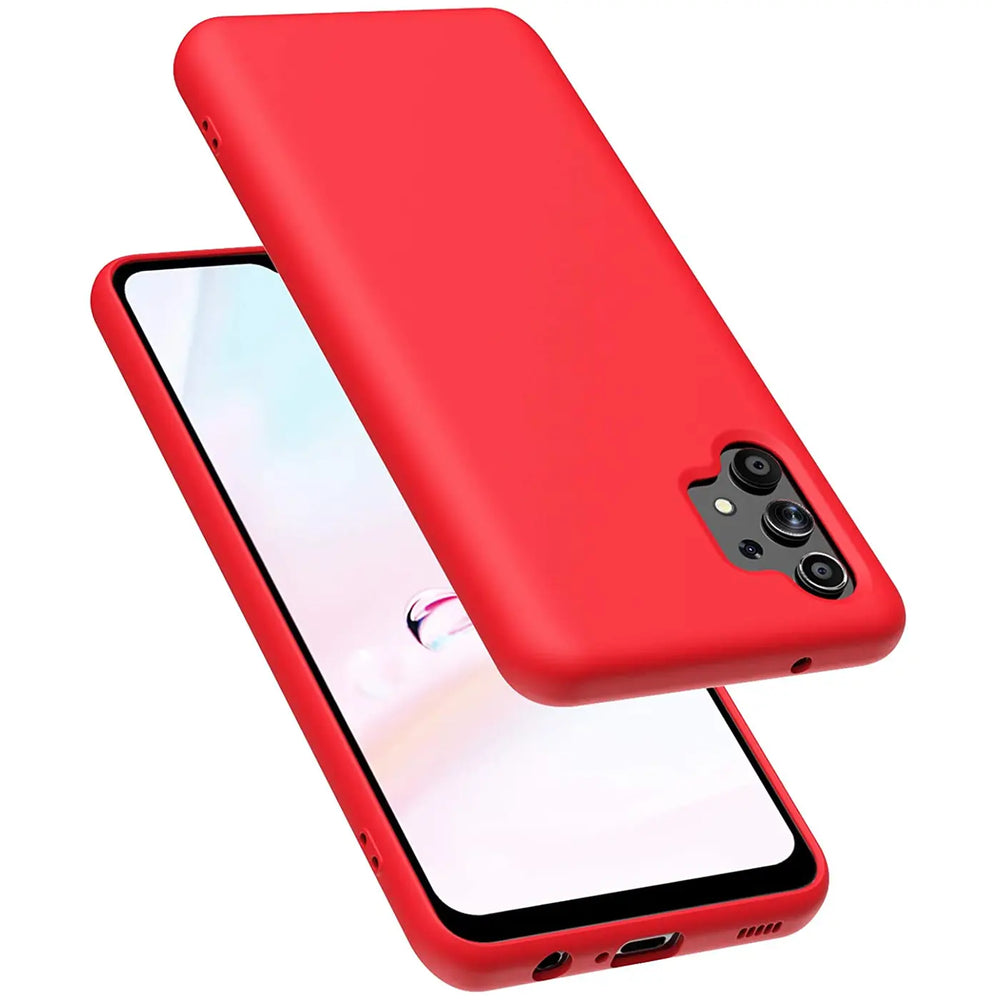 Rote Silikonhülle mit Mikrofaser-Innenfutter für Samsung Galaxy A32 5G, von schräg oben fotografiert.