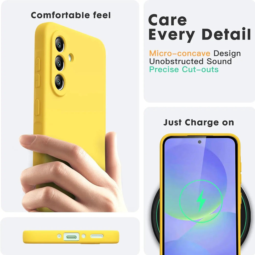 Gelbe Silikonhülle für Samsung Galaxy A36 5G, von Hand gehalten, von unten und auf Ladestation