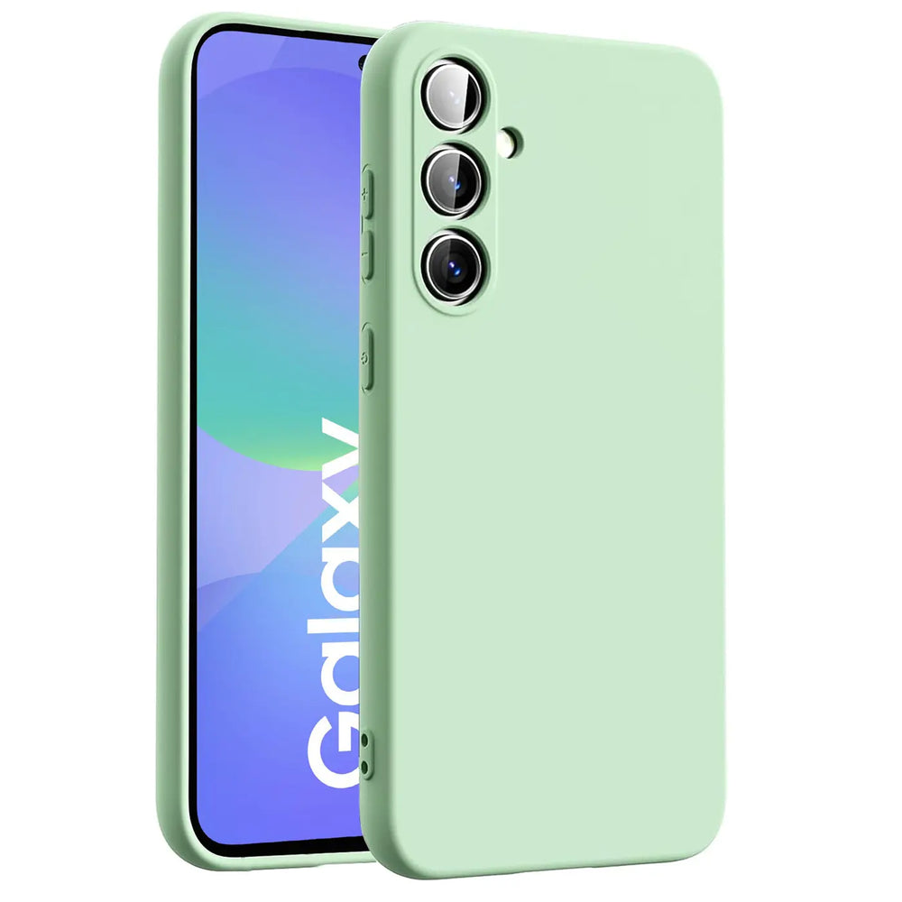 Hellgrüne Silikonhülle mit Mikrofaser-Innenfutter für Samsung Galaxy A36 5G, von schräg vorne