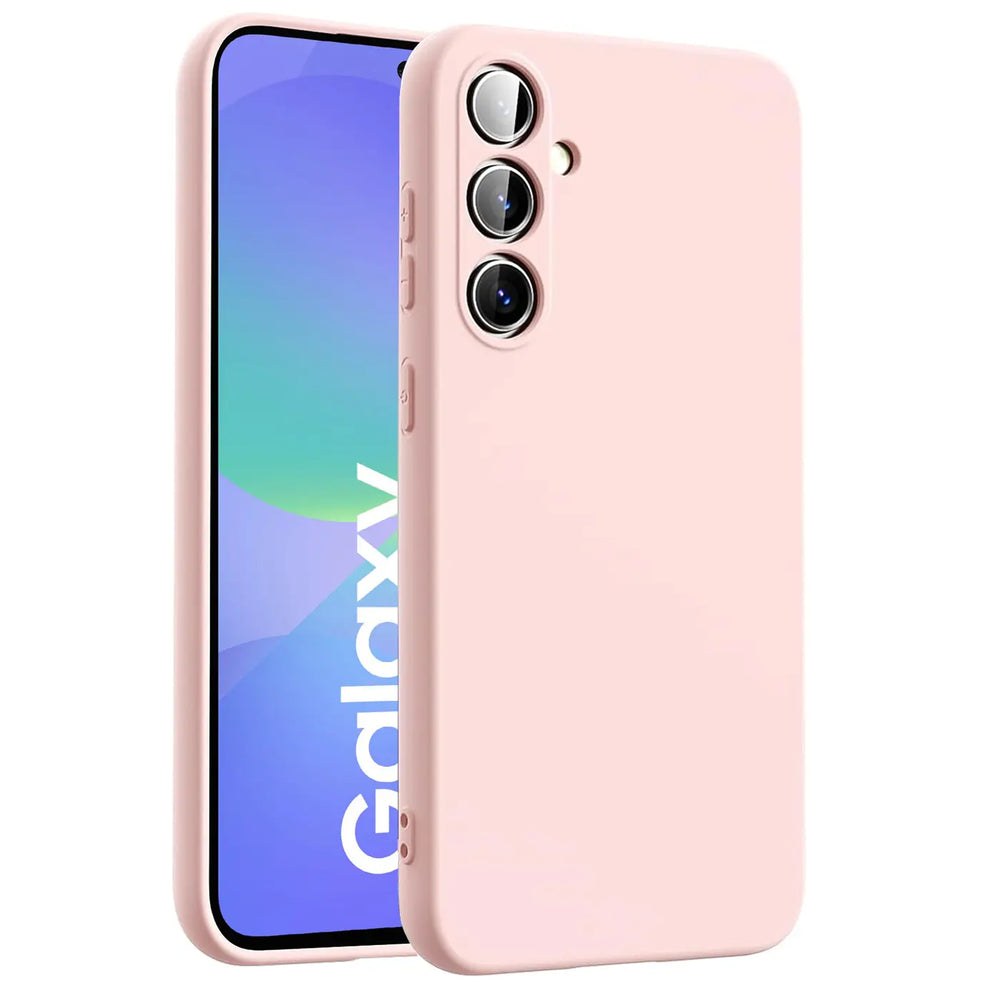 Rosa Silikonhülle für Samsung Galaxy A36 5G, von vorne rechts, mit Mikrofaser-Innenfutter.