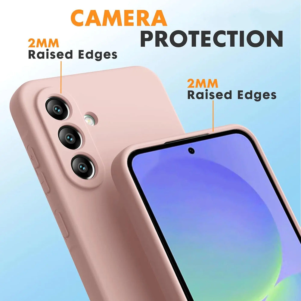 Rosa Silikonhülle für Samsung Galaxy A36 5G, Nahaufnahme, Rückseite und Vorderseite sichtbar.