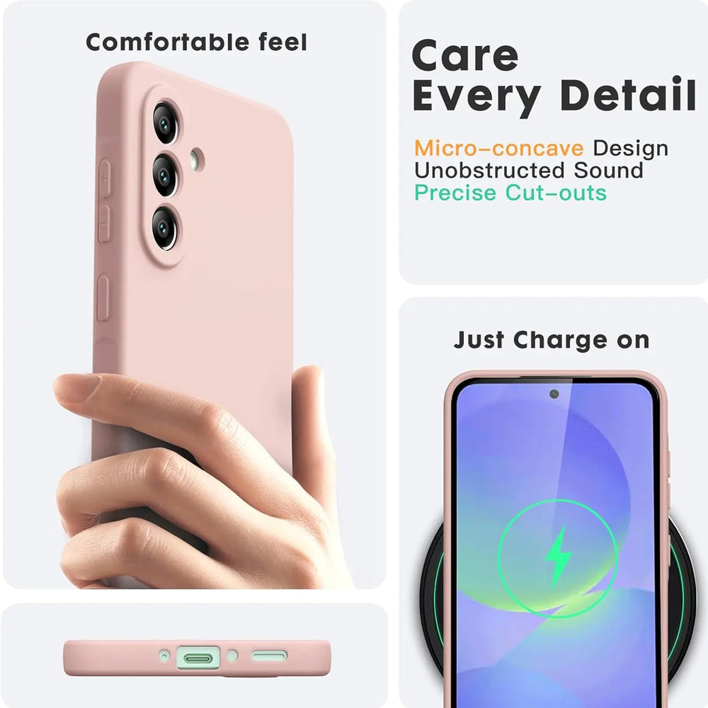 Rosa Silikonhülle für Samsung Galaxy A36 5G, von Hand gehalten, von unten gezeigt.