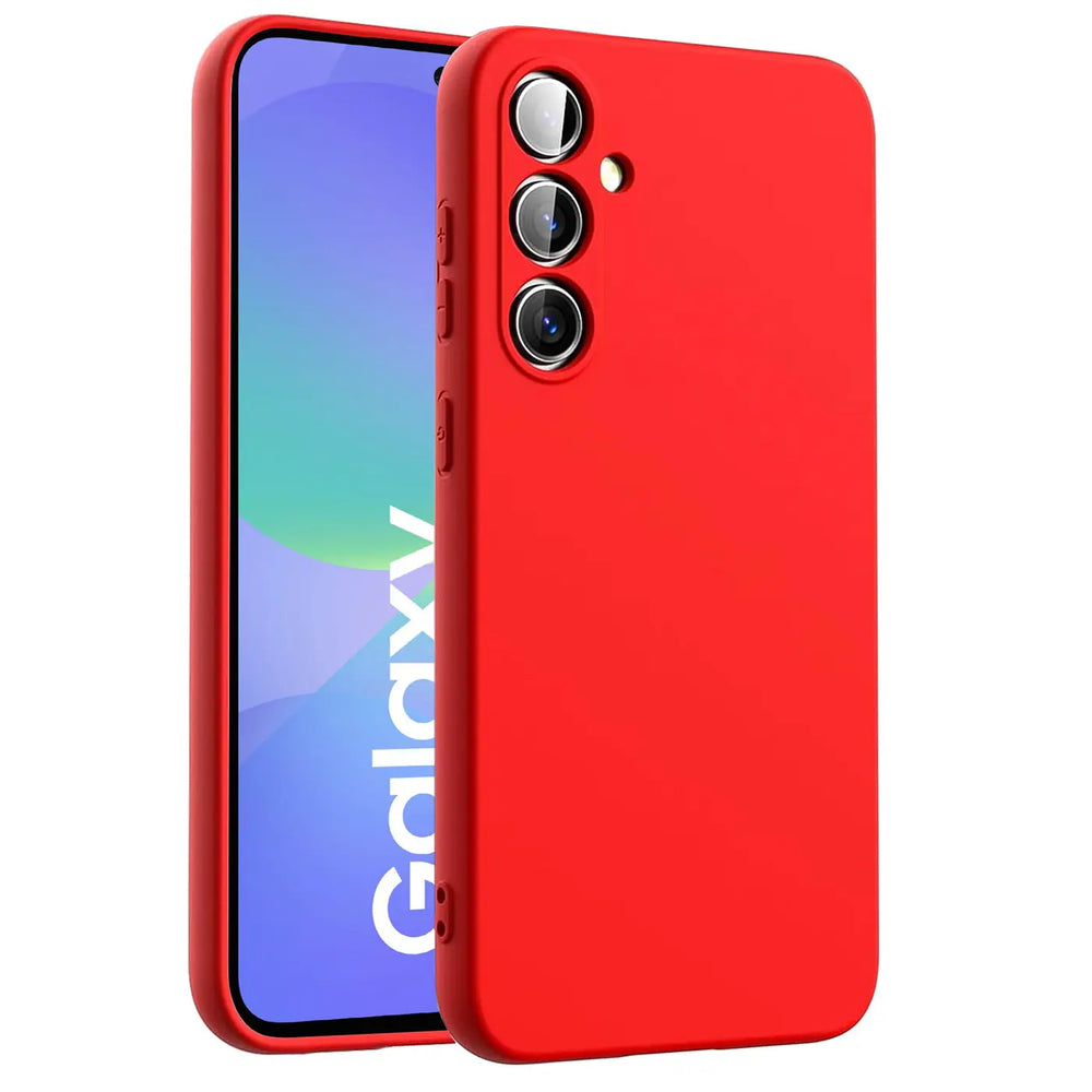 Rote Silikonhülle für Samsung Galaxy A36 5G, von schräg vorne gesehen.
