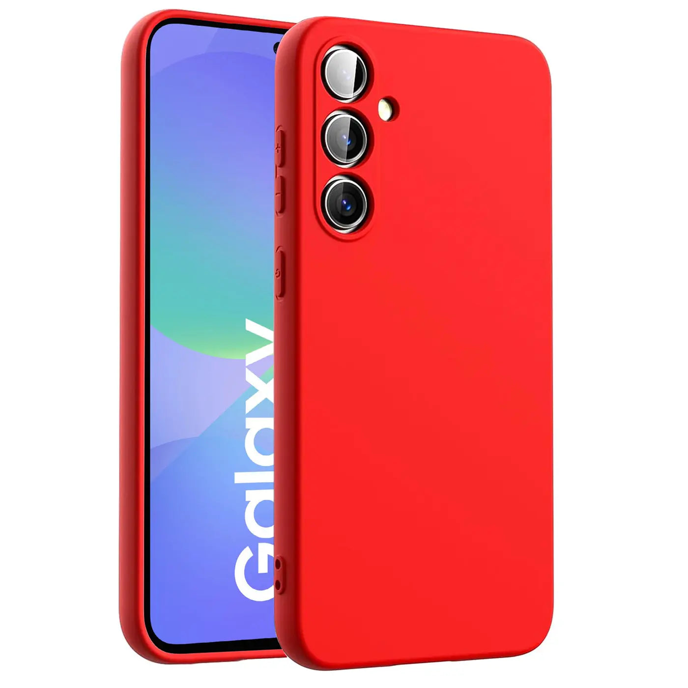 Rote Silikonhülle für Samsung Galaxy A36 5G, von schräg vorne gesehen.