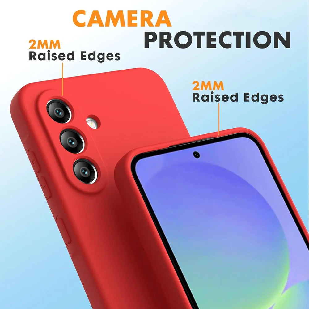 Rote Silikonhülle für Samsung Galaxy A36 5G, Nahaufnahme, Rückseite und Vorderseite sichtbar.