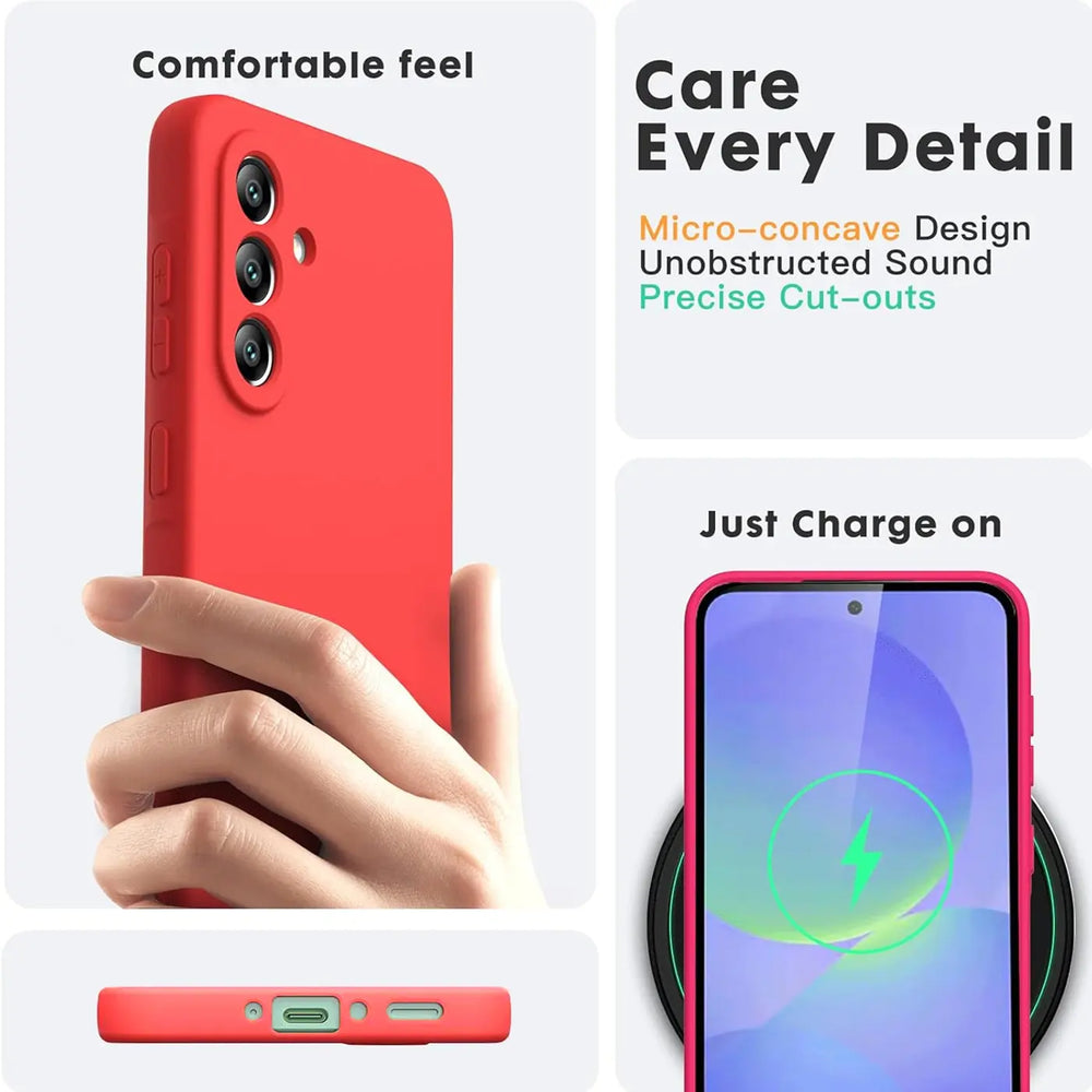 Rote Silikonhülle für Samsung Galaxy A36 5G, von vorne und Seite gezeigt.