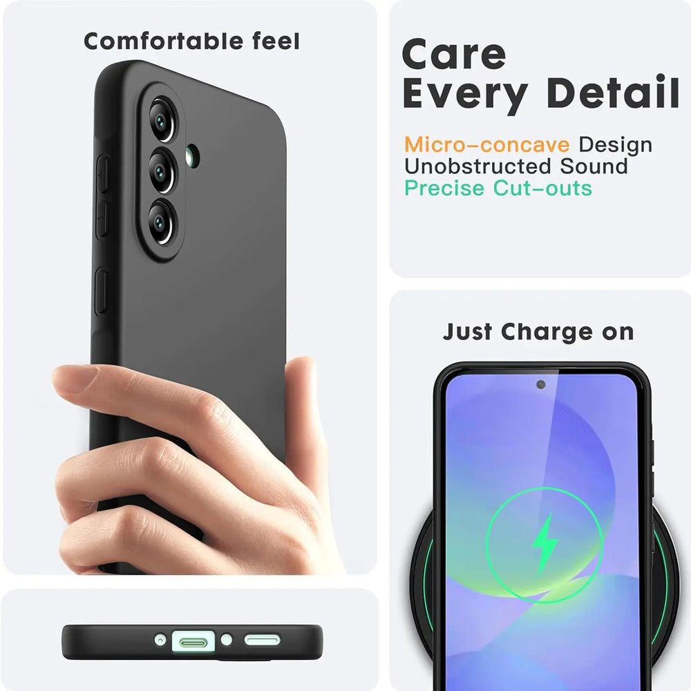 Schwarze Silikonhülle für Samsung Galaxy A36 5G, von Hand gehalten, Seitenansicht.