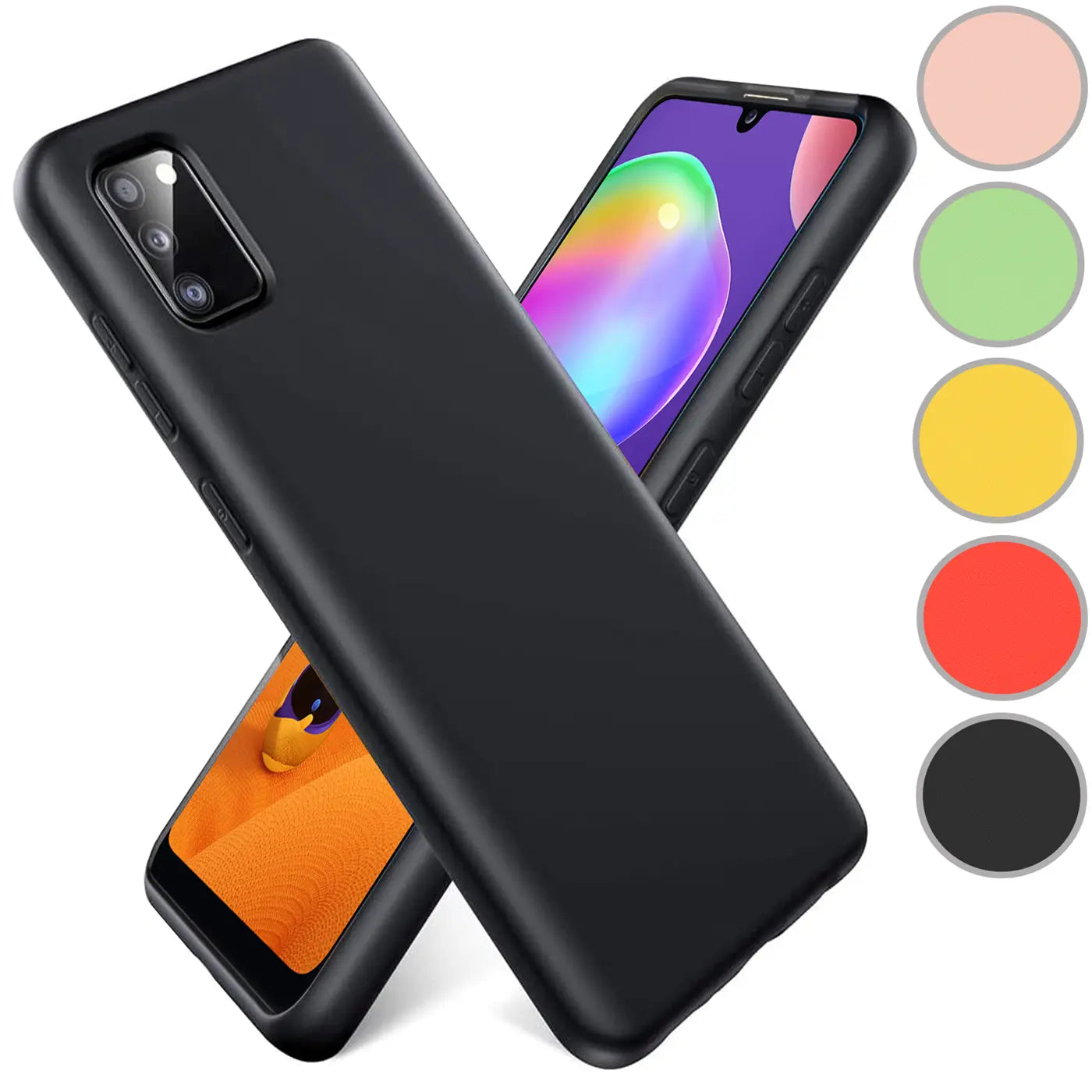 Schwarze Silikonhülle für Samsung Galaxy A41, Rückansicht, mit Farboptionen.