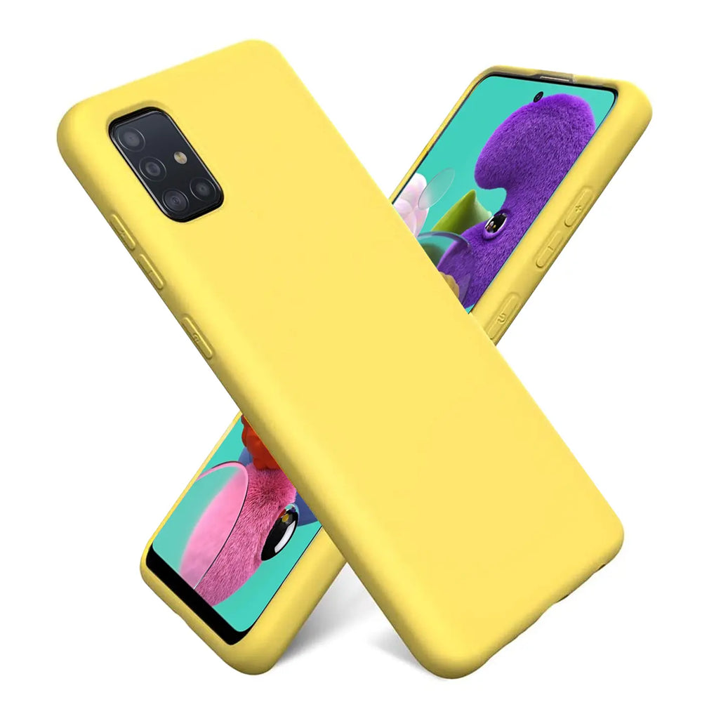 Gelbe Silikonhülle für Samsung Galaxy A51, Vorderansicht, Nahaufnahme