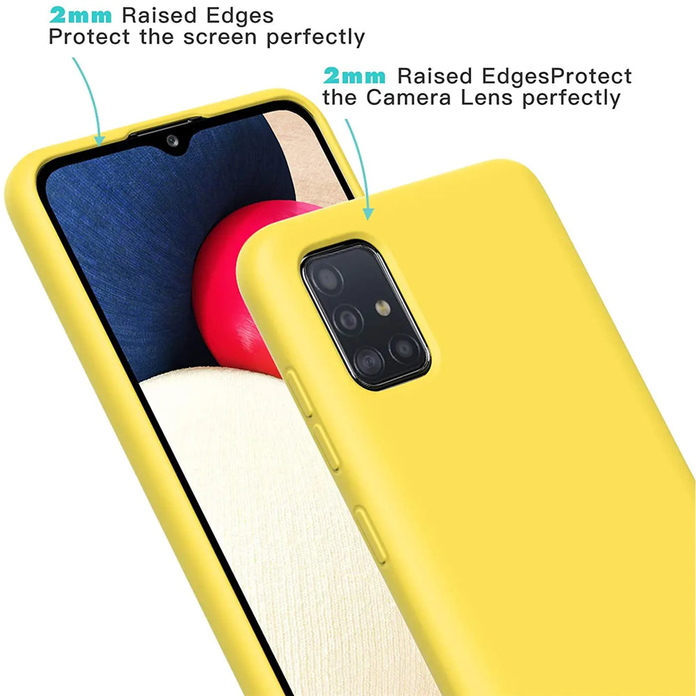 Gelbe Silikonhülle für Samsung Galaxy A51, von schräg oben, Rückseite und Kamerasichtbar.