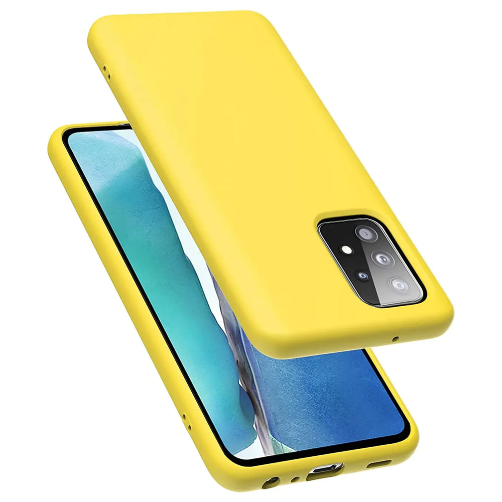 Gelbe Silikonhülle mit Mikrofaser-Innenfutter, seitliche Ansicht, auf Samsung Galaxy A52 5G