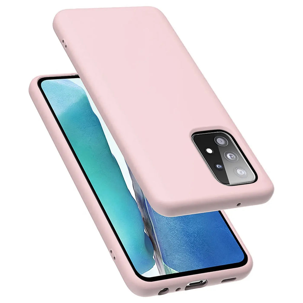 Rosa Silikonhülle auf Samsung Galaxy A52 5G, Rückansicht, leicht schräg
