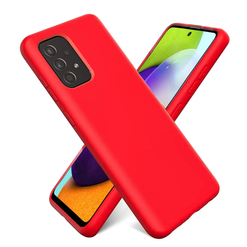 Rote Silikonhülle mit Mikrofaser-Innenfutter, Vorderansicht, Samsung Galaxy A52.
