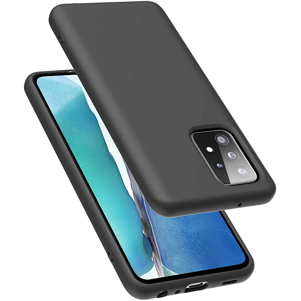 Dunkelgraue Silikonhülle für Samsung Galaxy A52/A52s 5G, von schräg oben, mit Mikrofaser-Innenfutter.