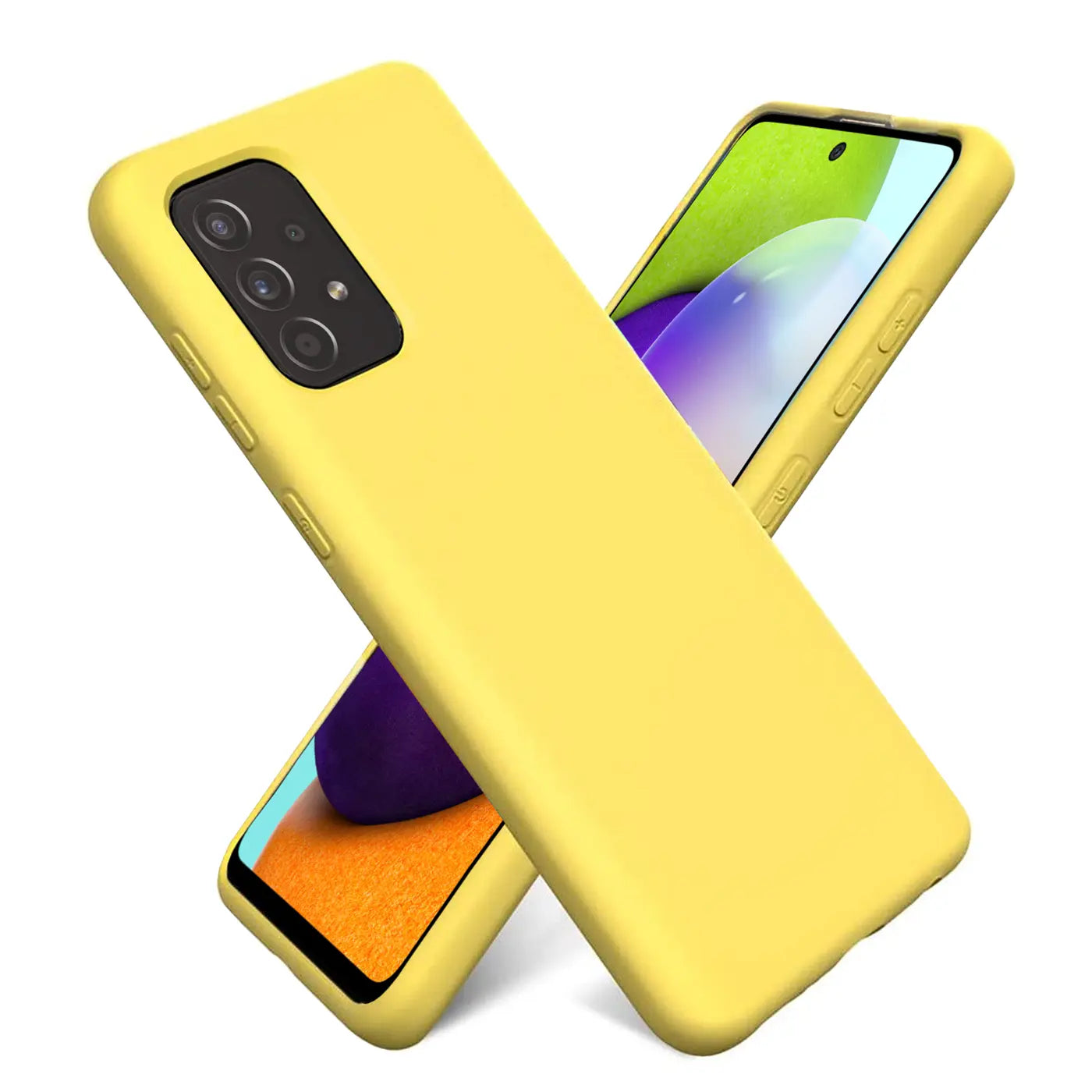 Gelbe Silikonhülle auf Samsung Galaxy A53 5G, von schräg oben