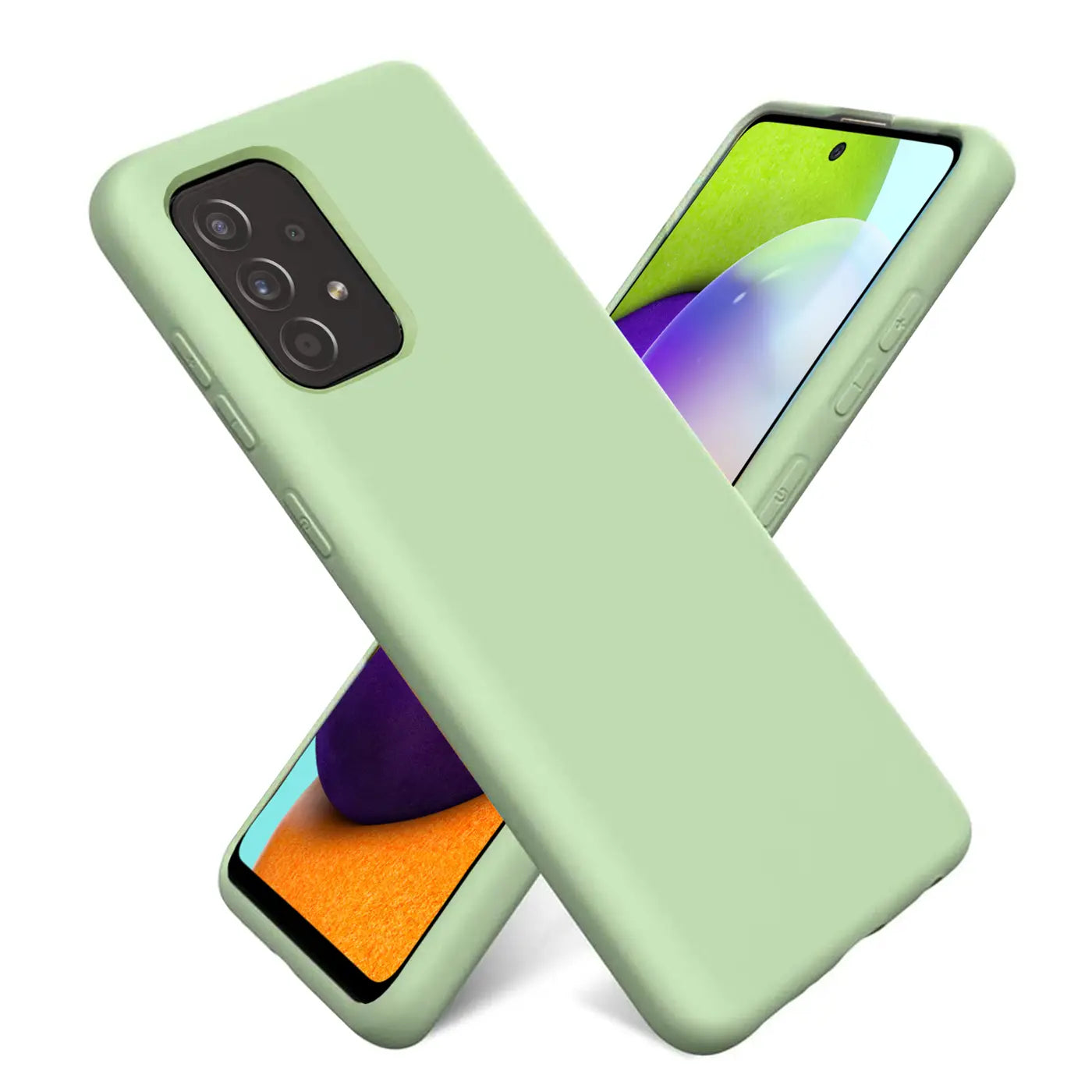 Hellegrüne Silikonhülle auf Samsung Galaxy A53 5G, von vorne links, Nahaufnahme.