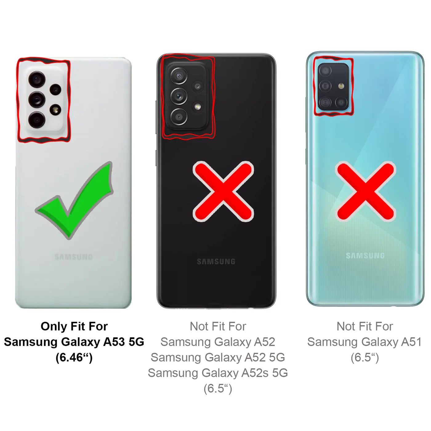 Rückansicht Samsung Galaxy A53 5G, grüner Haken. Rote Kreuze bei A52, A52 5G, A52s 5G, A51.