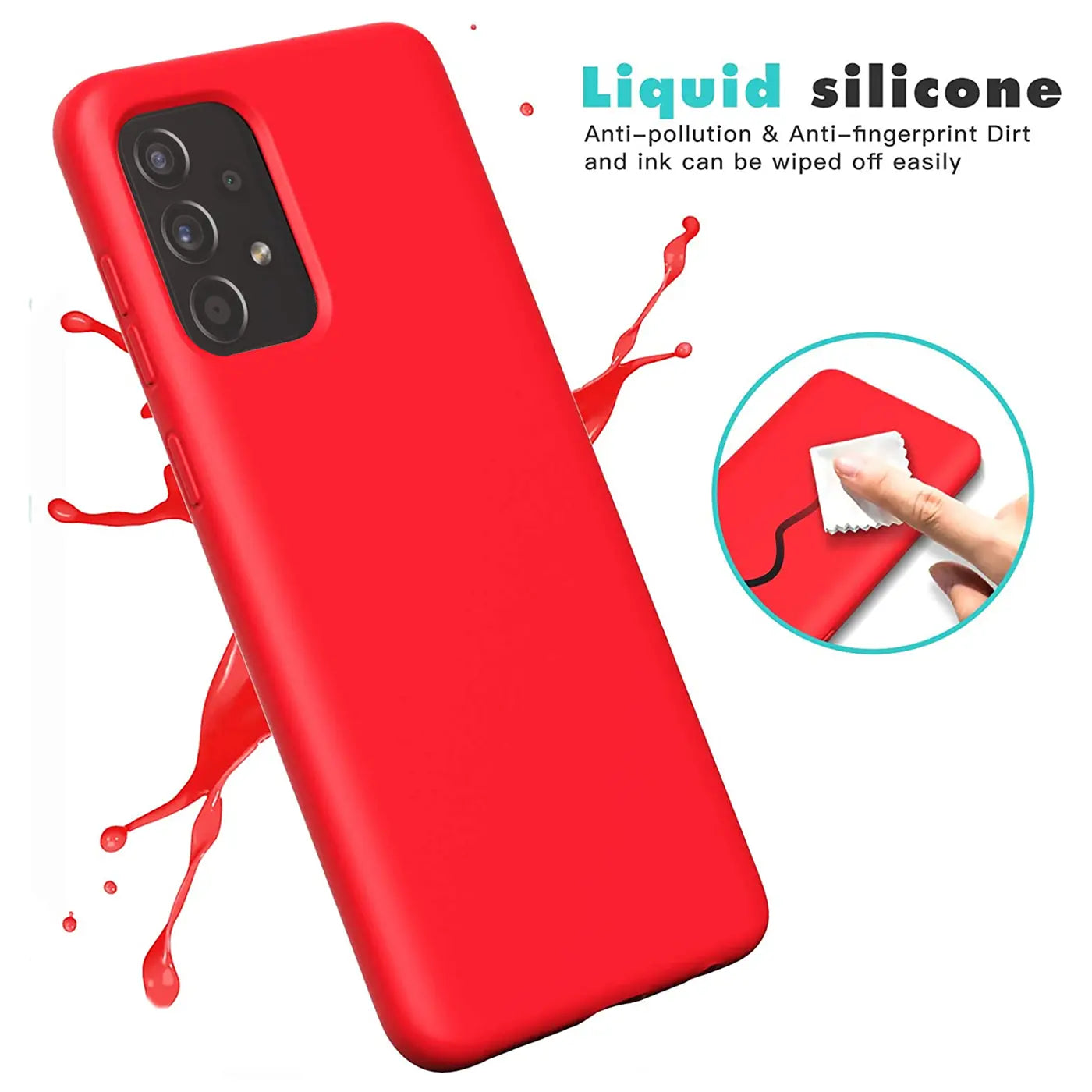 Rote Silikonhülle für Samsung Galaxy A53 5G, von vorne links, mit rotem Spritzer.