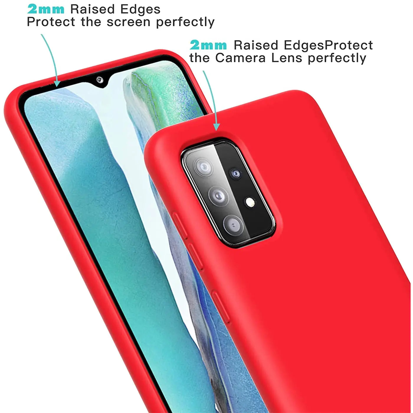 Rote Silikonhülle mit Mikrofaser-Innenfutter, zeigt Rückseite und Kameras von Samsung Galaxy A53 5G.