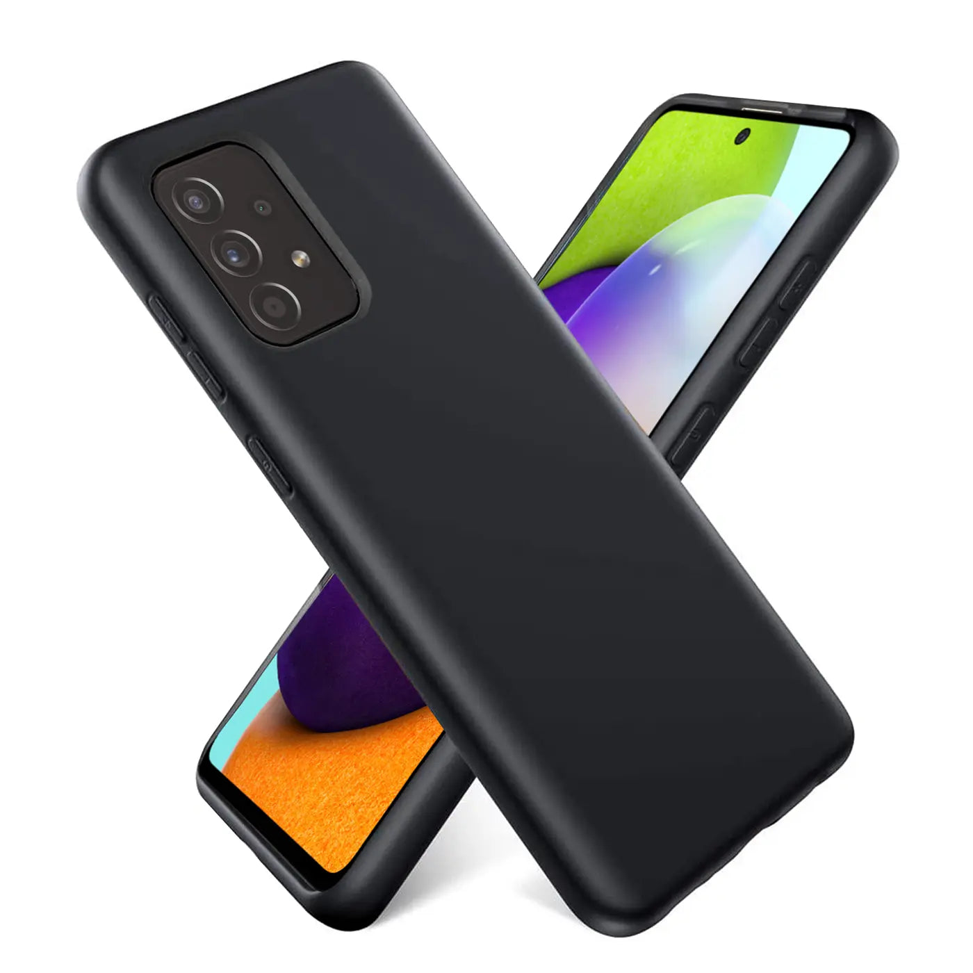 Schwarze Silikonhülle für Samsung Galaxy A53 5G, von vorne links, mit Handy-Display.