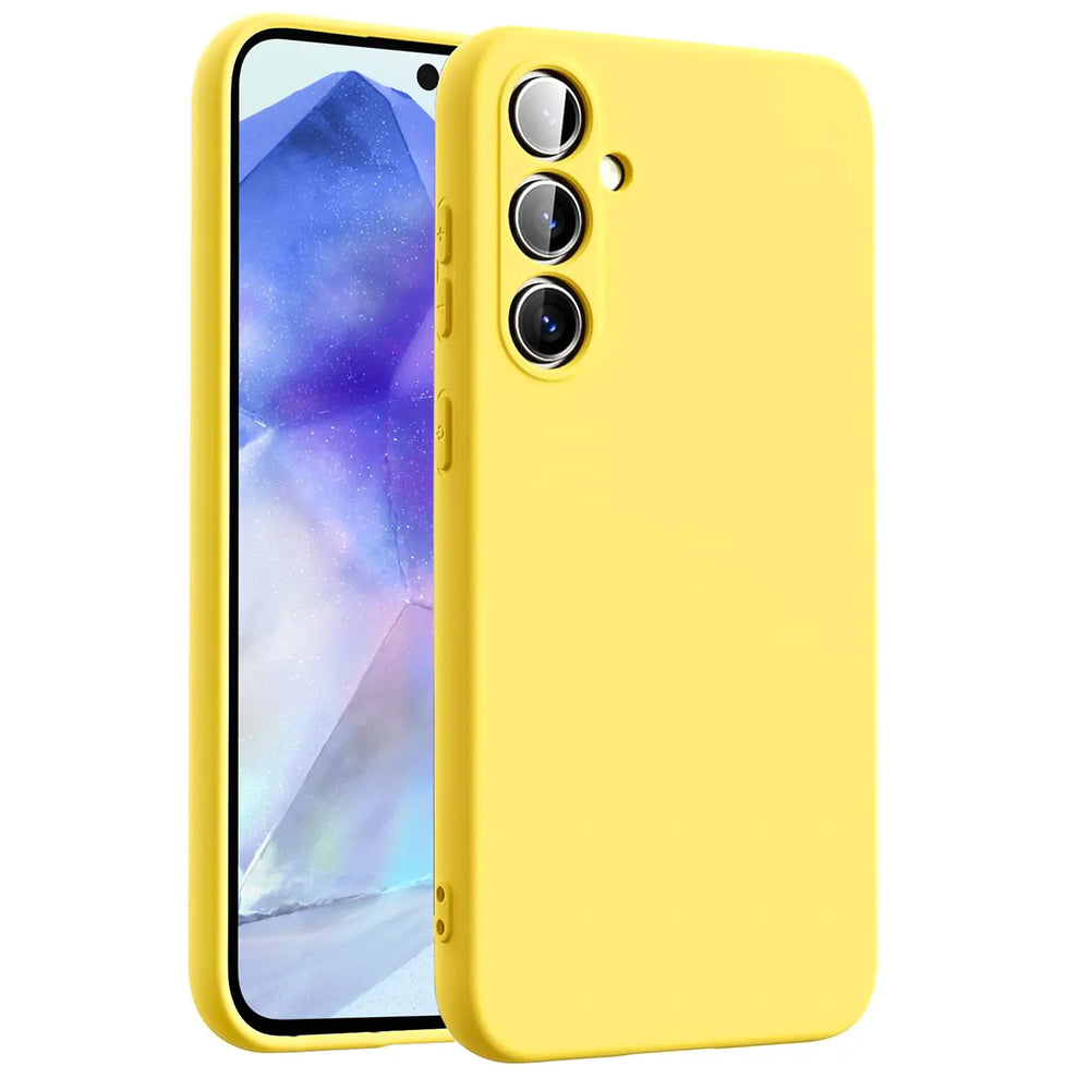 Gelbe Silikonhülle für Samsung Galaxy A54 5G, von vorne links gezeigt.