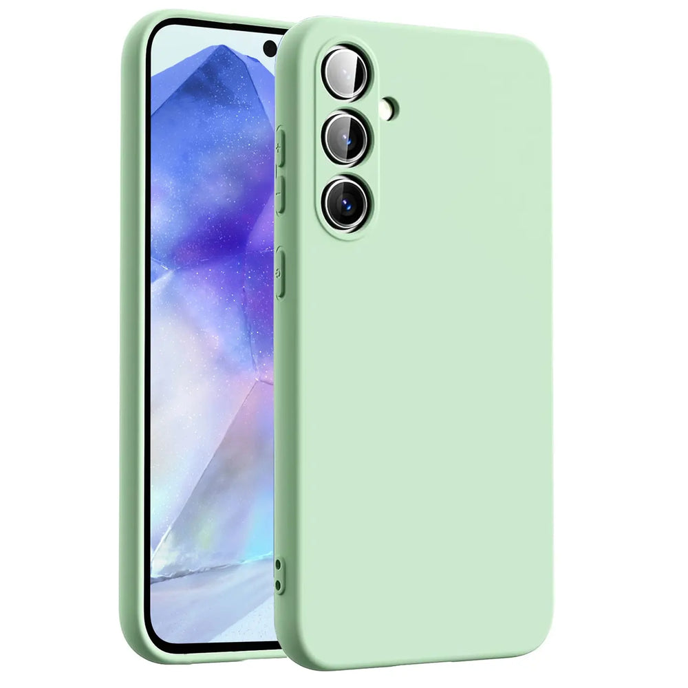 Helle mintgrüne Silikonhülle für Samsung Galaxy A54 5G, von vorne links, mit Mikrofaser-Innenfutter.