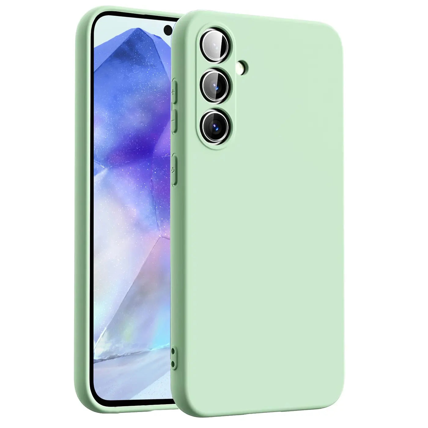 Helle mintgrüne Silikonhülle für Samsung Galaxy A54 5G, von vorne links, mit Mikrofaser-Innenfutter.