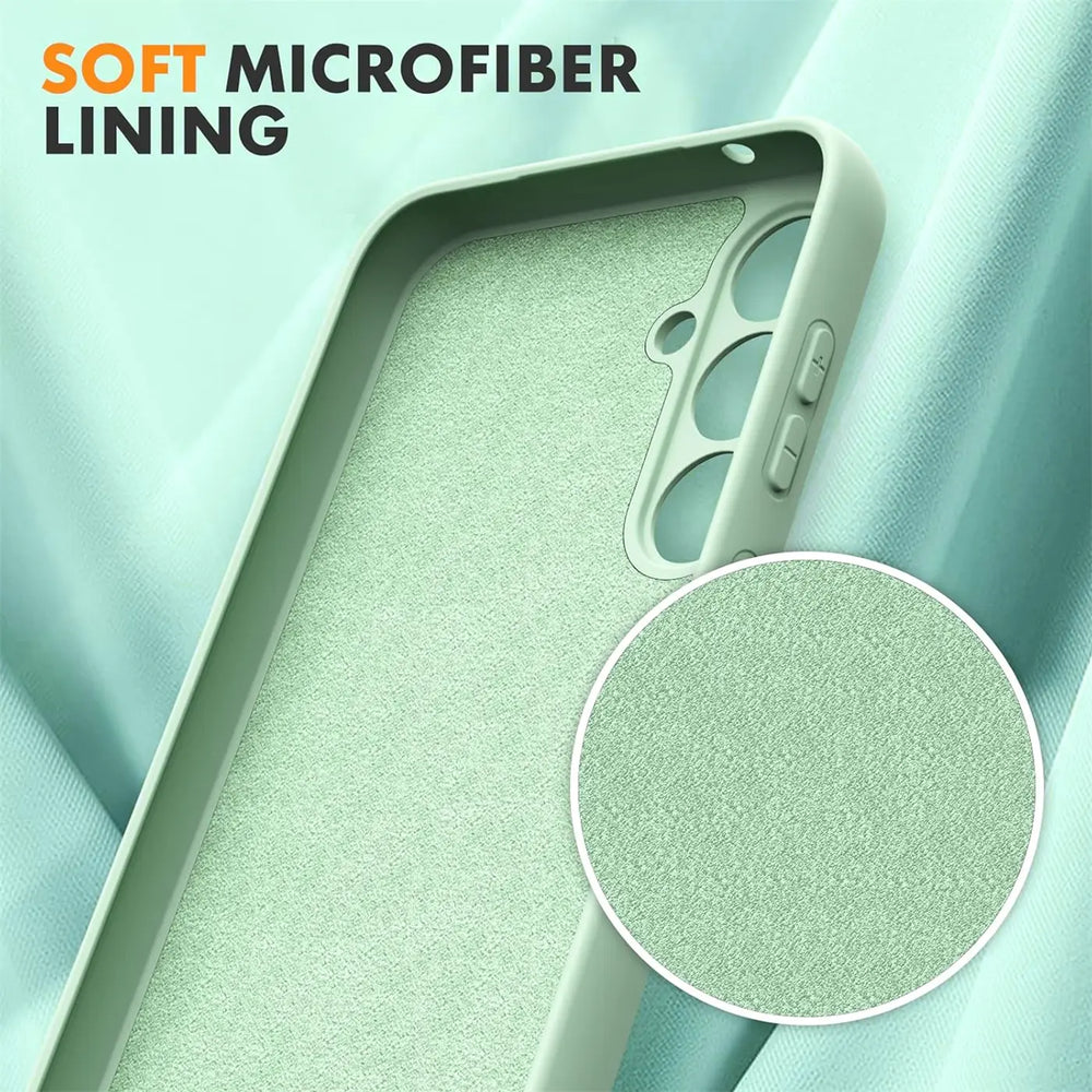 Grüne Silikonhülle mit Mikrofaserfutter, Rückansicht, Ausschnitt für Kamera Samsung A54 5G