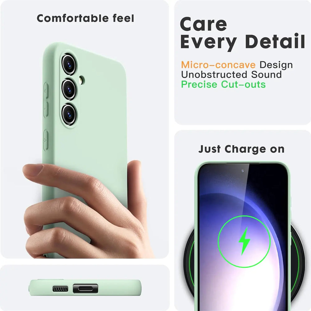 Hellgrüne Silikonhülle für Samsung Galaxy A54 5G, von Hand gehalten, Seitenansicht.