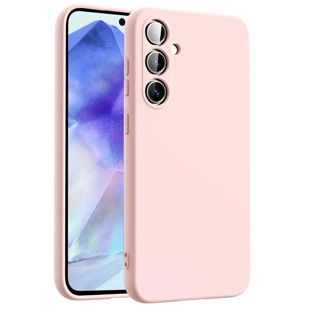 Rosa Silikonhülle mit Mikrofaser-Innenfutter, seitliche Ansicht, Samsung Galaxy A54 5G.