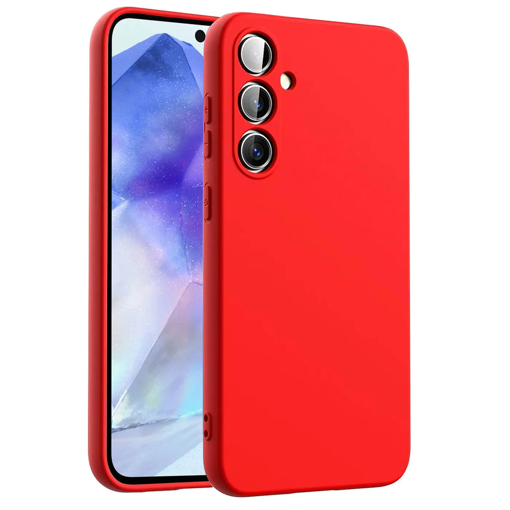 Rote Silikonhülle für Samsung Galaxy A54 5G, von vorne/seitlich, mit Mikrofaser-Innenfutter.