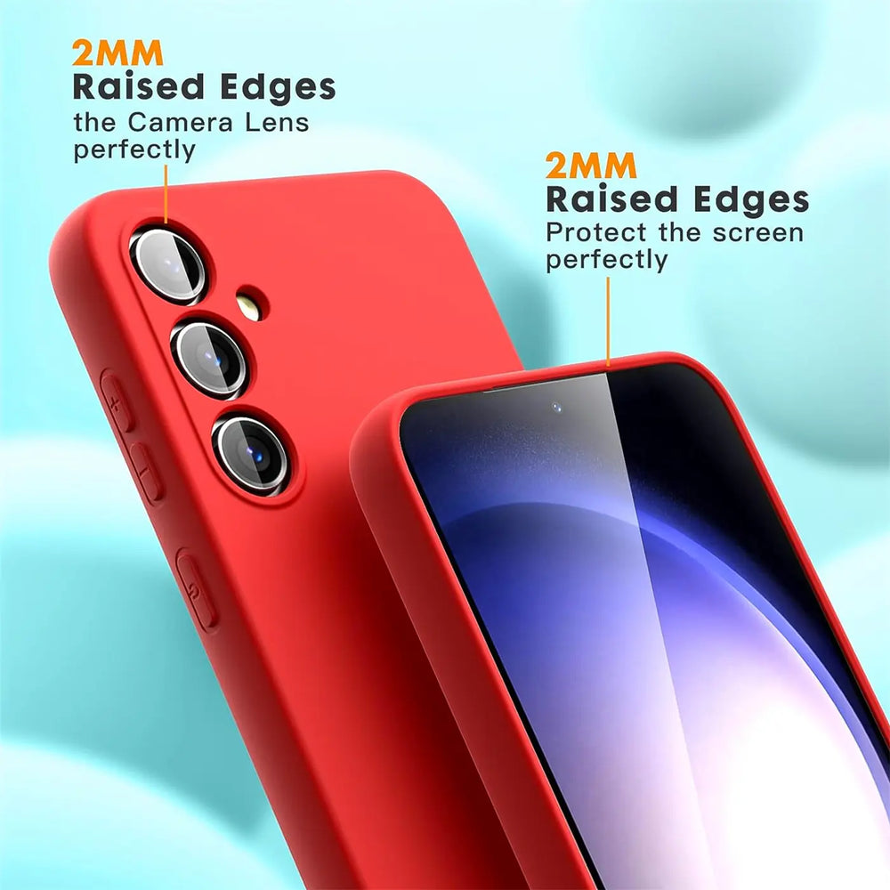 Rote Silikonhülle für Samsung Galaxy A54 5G, Nahaufnahme der Kamera und des Bildschirms.