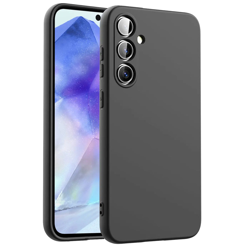 Dunkelgraue Silikonhülle, von schräg hinten, auf Samsung Galaxy A54 5G